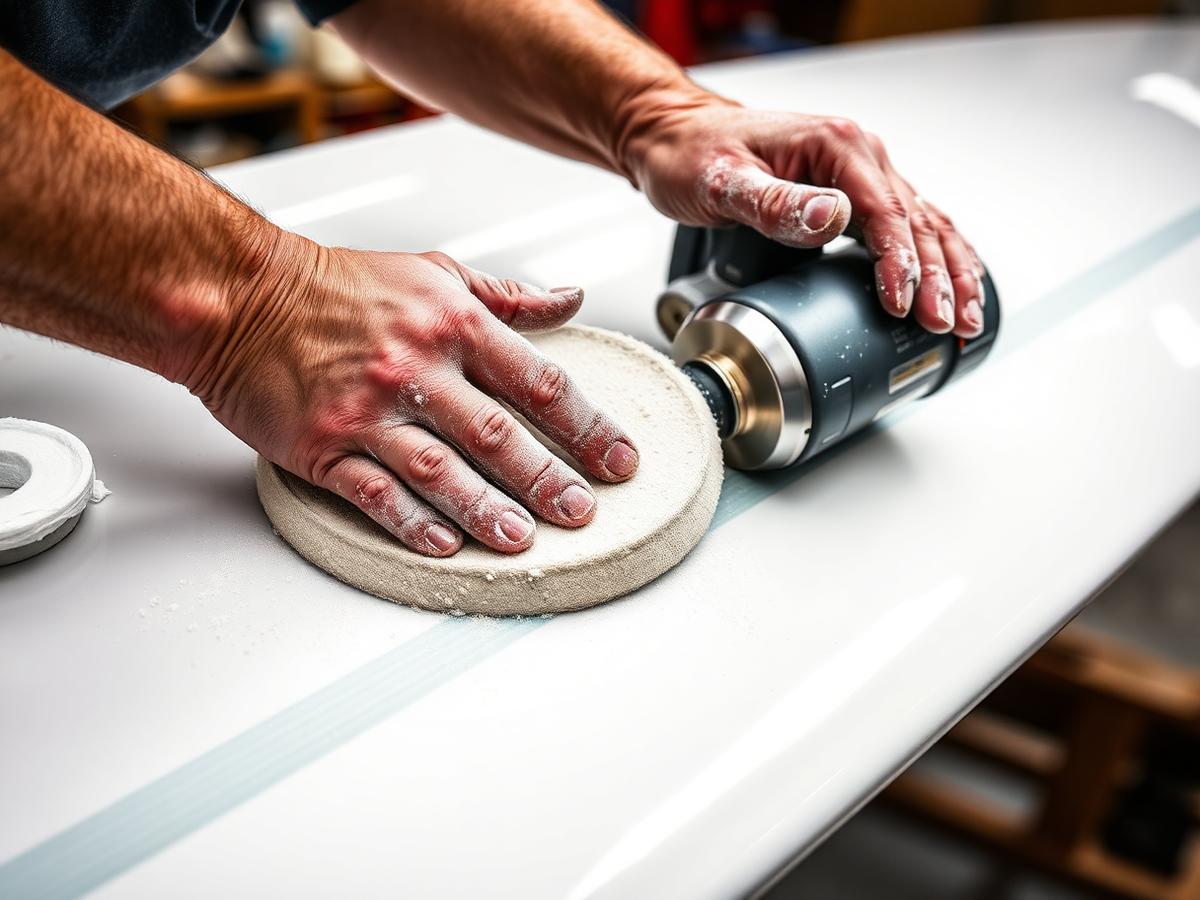 Hands wet-sanding and buffing a fresh gelcoat repair on a white fiberglass hull