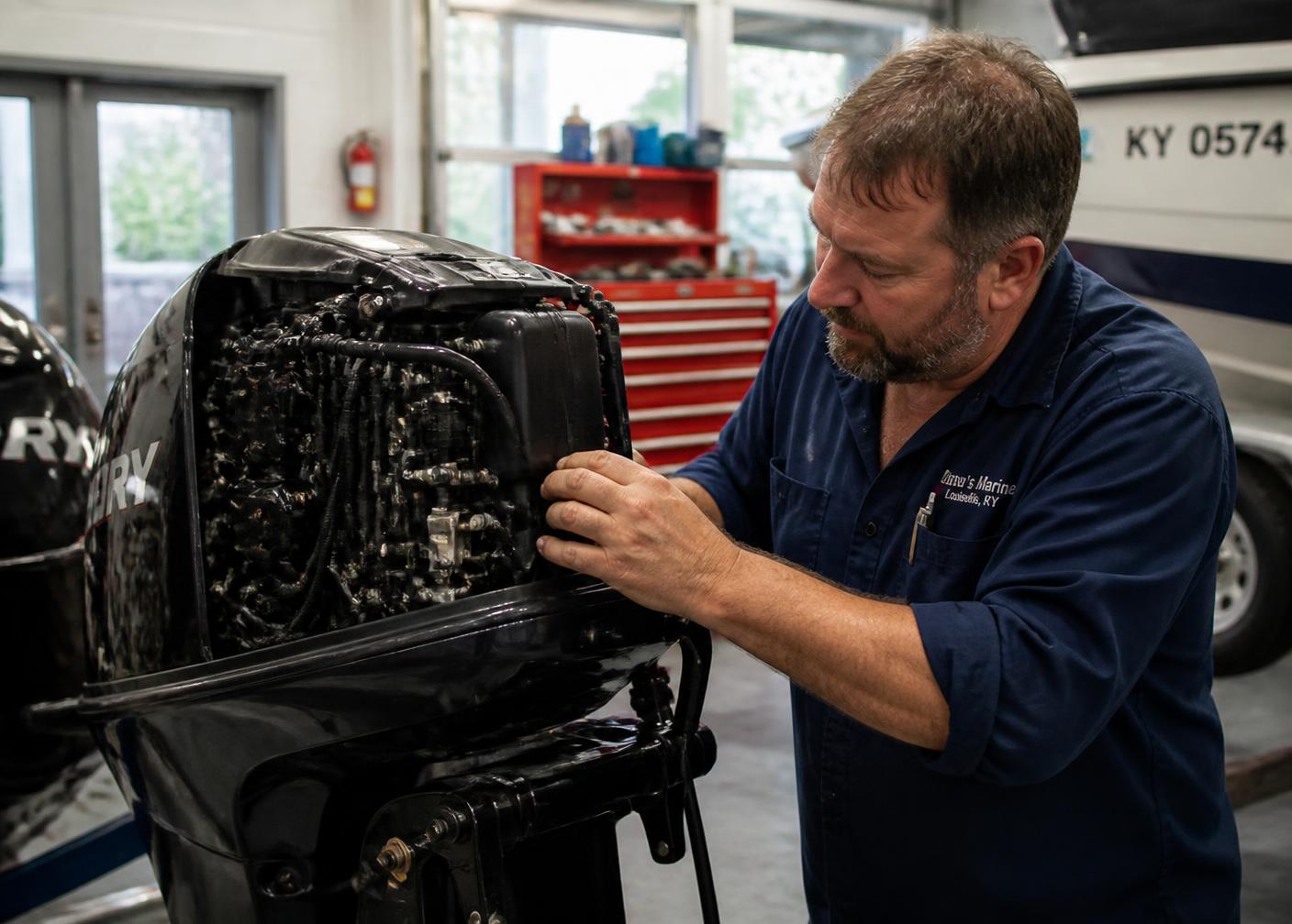 Technician servicing an outboard powerhead inside the Bluegrass Marine Works shop