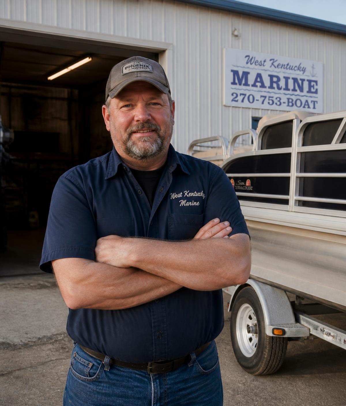 Jake Thornton, owner of Bluegrass Marine Works, standing outside the shop in Bronston, Kentucky