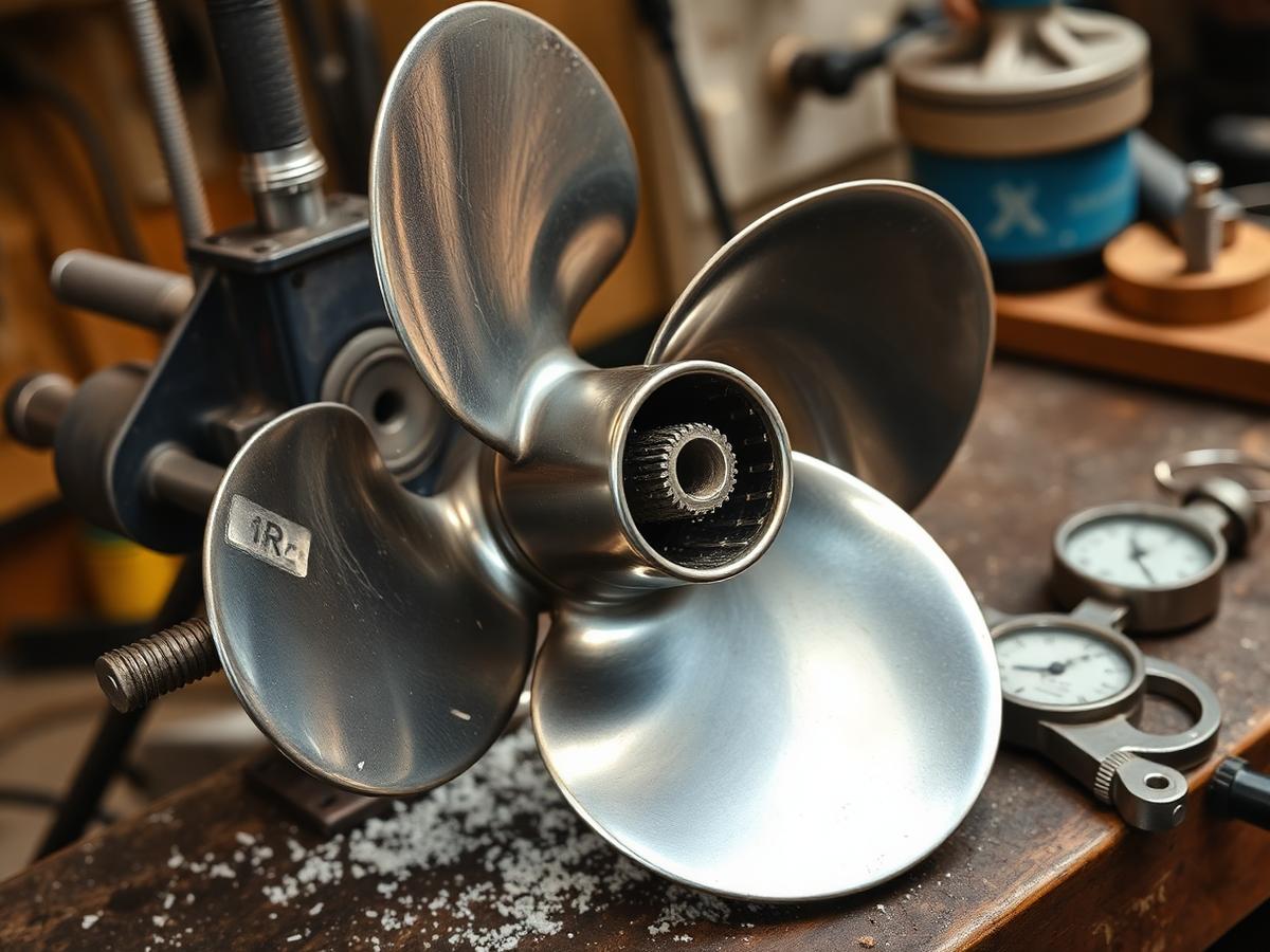 Stainless steel boat propeller clamped on a bench being trued and measured