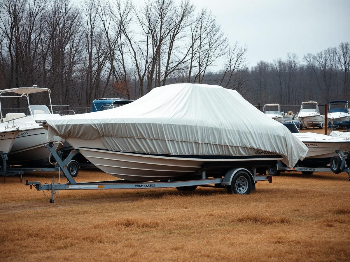 Boats on trailers wrapped and covered in a Kentucky storage yard in late autumn